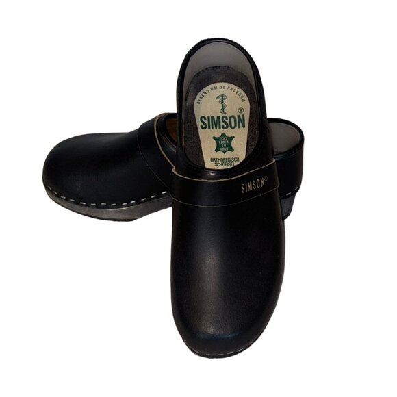 Simson Maestro Black Leather & Wooden Clogs - Size 7.5 - Picture 1 of 6